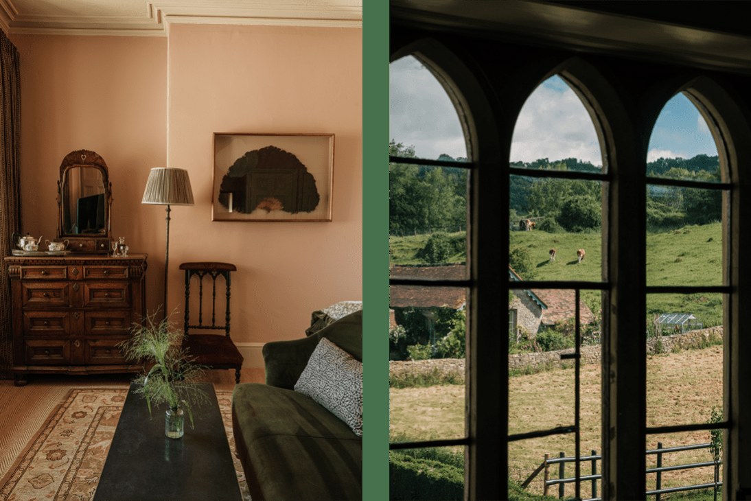 Interior at Teffont House — a lounge vignette and a view through gothic windows onto the Wiltshire countryside